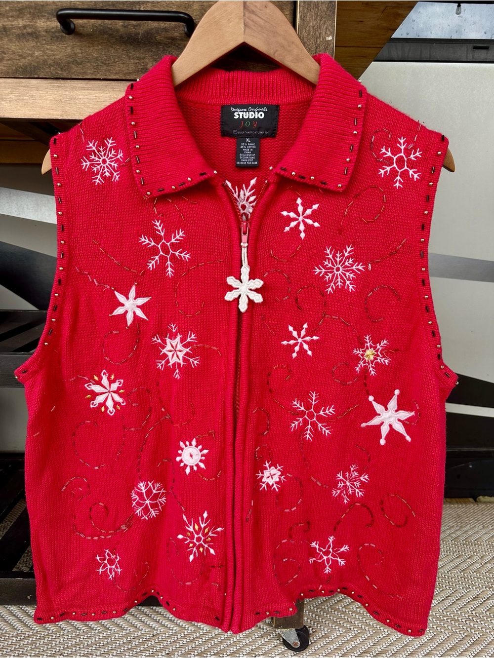 Red Embroidered Snowflake Zip-Front Vest